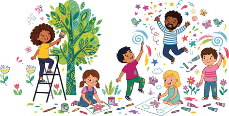 Vector illustration of a diverse group of happy children and an enthusiastic teacher painting colorful murals and drawings together. © MdEajdani