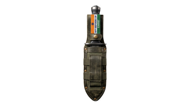 Military knife in a tactical sheath with indian flag and happy independence day text, isolated on transparent background