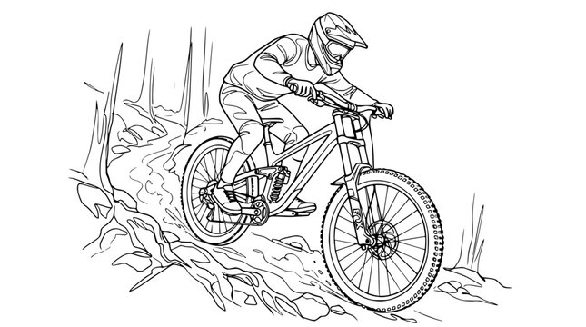 Mountain biker descending rocky trail, line art illustration, extreme sport, downhill cycling