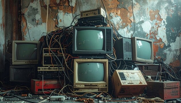 Heap of outdated technology including CRT monitors, CPUs, and wires, retro tech waste concept.