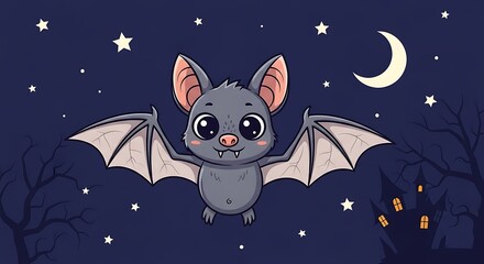 Fototapeta premium Cute Cartoon Bat Flying Night Sky Moonlit