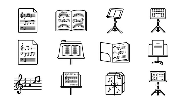Music Notes Icons Collection: Sheet Music, Stand, Baton, Score, Folder, Bundle