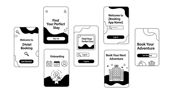 Hotel Booking App UI Design Wireframes: Onboarding, Search, and Booking Screens