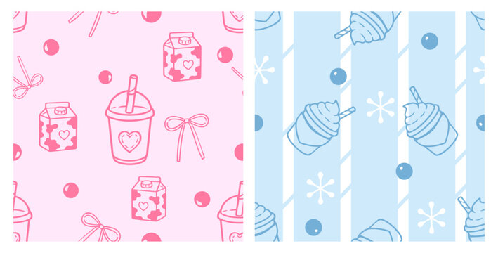 Cute seamless pattern collection featuring milk cartons, bubble tea, bows, berries, and soft serve ice cream in hand drawn flat vector style for fabric, wrapping paper, nursery decor, and textile.
