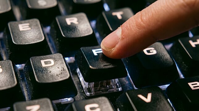 Macro Close Up of Finger Pressing Backlit Mechanical Computer Keyboard Key