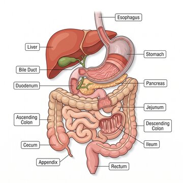 Human digestive system anatomy diagram with labeled organs like stomach and liver for medical education