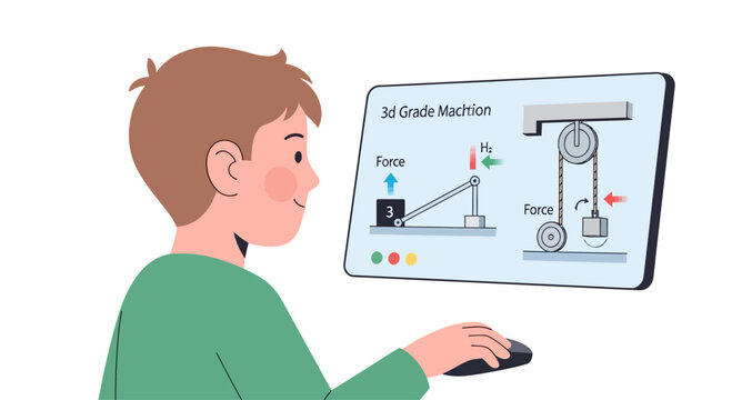 Boy learning physics with computer simulation of forces and pulleys