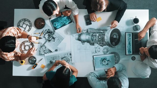 Top view of smart engineer team in casual cloth talking about turbine engine structure at table with metal gear, calculator, sticky notes. Group of technician taking a note in meeting. Alimentation.