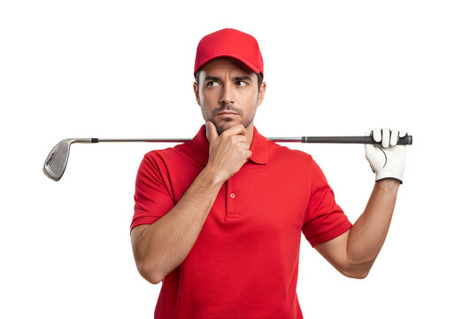 Golfer holding two clubs thinking seriously on white background isolated on white background