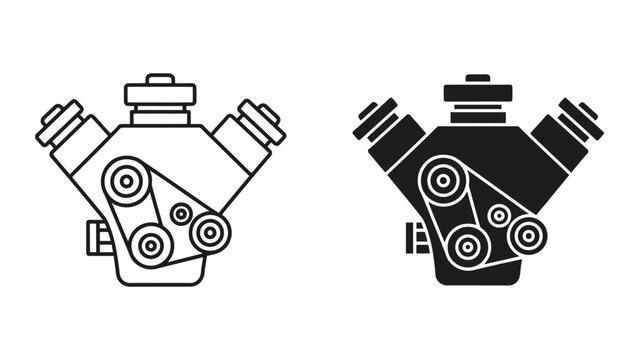 Automotive V8 Engine Icons Featuring Outline and Solid Vector Styles for Mechanical Engineering Design