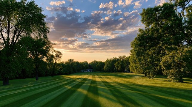 Mowed green fairway stretches towards trees under a golden sunset sky