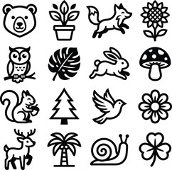 Naklejka premium Collection of 16 black and white of nature and animals bear plant running