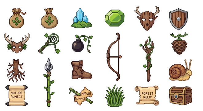 A set of nature-themed fantasy RPG icons featuring weapons, armor, magical items, and forest-related objects on a white background.