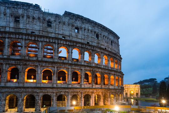 Colosseum illuminated at dawn, Rome, Italy