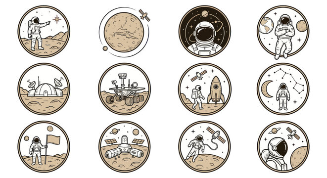 Astronauts Exploring Space and Planets in Circular Illustrations.