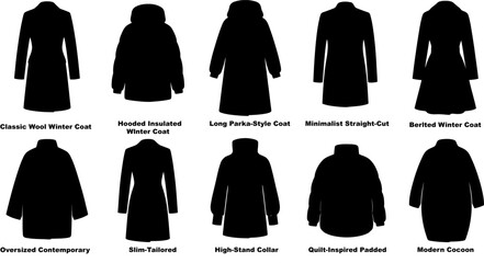 Set of ten isolated black vector women winter coat silhouettes featuring wool, hooded, parka, belted, tailored, padded and cocoon outerwear templates © RONY CHANDRA ROY