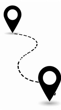 Map pins connected by dashed line on white background.