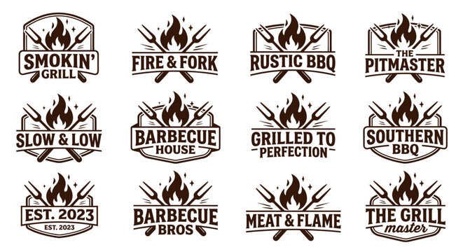 Collection of Barbecue and Grill Restaurant Logos with Flames and Utensils.