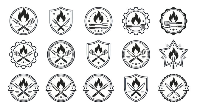 Collection of barbecue and grill emblems, badges, and logos with flames, forks, and knives.
