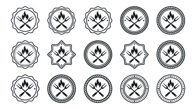 Collection of barbecue grill fork and fire flame logo designs.