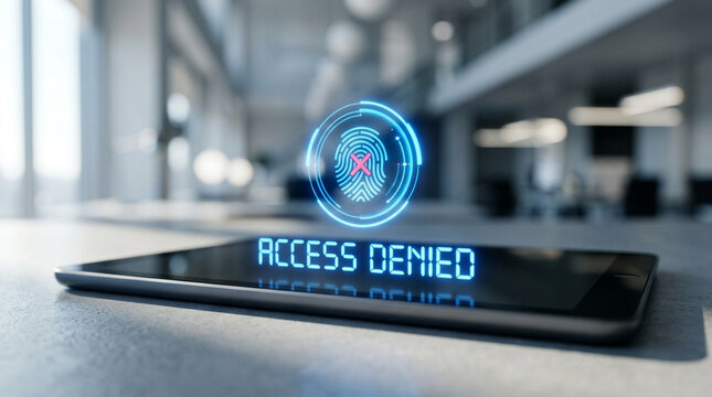 Digital tablet on a desk displaying holographic access denied message with a fingerprint scan icon and red cross indicating security failure in blurred modern office interior.