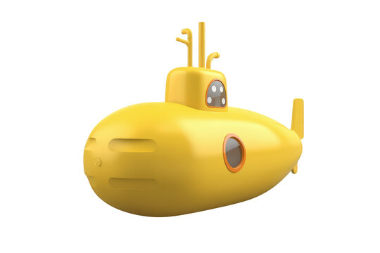 Yellow cartoon submarine exploring underwater, playful vessel for kids adventures and marine travel on transparent background