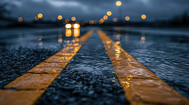 Wet asphalt road with yellow lines reflects bright streetlights on a cloudy night