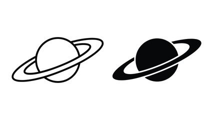 Minimalist Saturn Planet Icons Featuring Outline and Solid Silhouette Styles for Space Design © JOSNA 