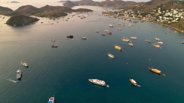 Aerial View of Labuan Bajo Harbor with Boats and Tropical Islands