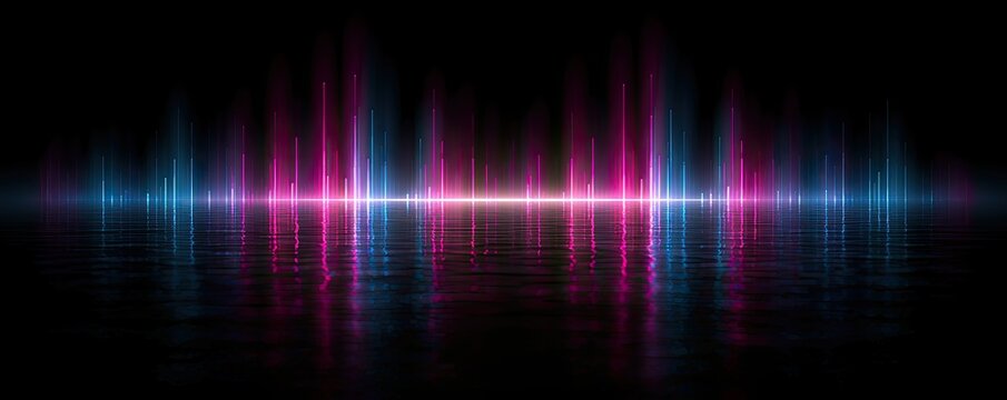 Abstract sound wave visualization with blue and pink lights on a dark reflective surface