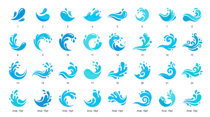 Fototapeta premium Set of Blue Water Splash Icons and Waves Collection