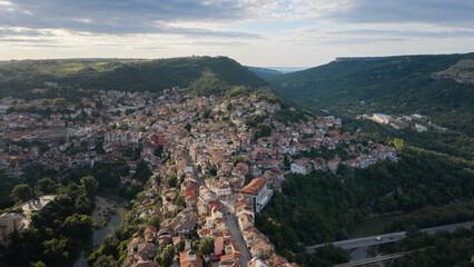 Fototapeta premium Aerial Panorama of Veliko Tarnovo, Bulgaria at Golden Hour