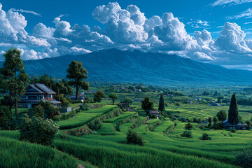 Fototapeta premium bright Japanese rice fields beneath a deep blue sky, fluffy white clouds, lush green paddies, anime countryside background, vibrant summer colors, ultra detailed scenery.