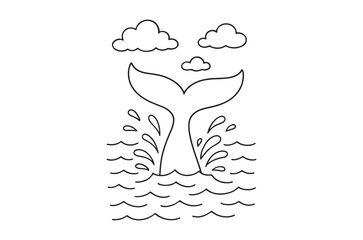 Obraz premium Whale tail line drawing with waves and clouds white background