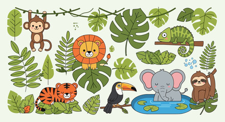 Fototapeta premium A playful assortment of adorable cartoon jungle animals and vibrant tropical leaves creates a delightful wild nature scene, perfect for children's designs and lively projects