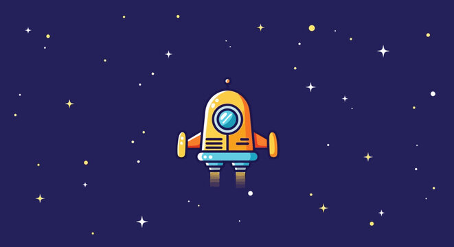 Animated yellow rocket with blue accents ascending.