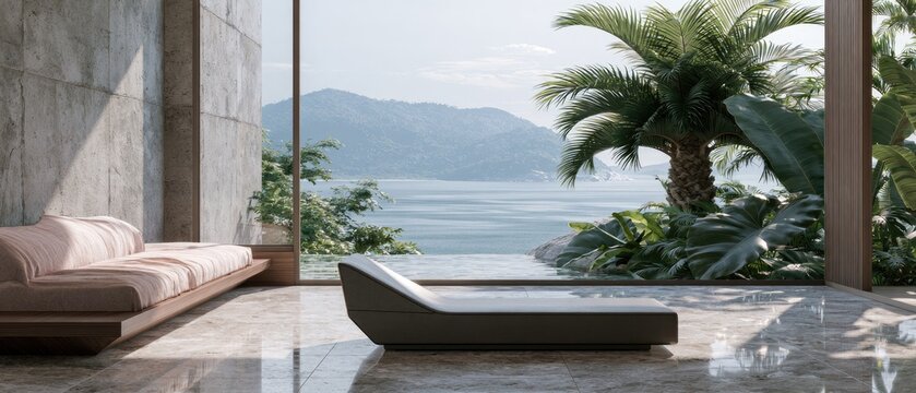 Luxury lounge with infinity pool overlooking serene bay and lush tropical foliage
