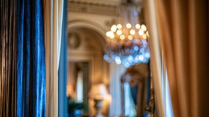 Obraz premium Elegant room interior with draped curtains, chandelier, and lamps