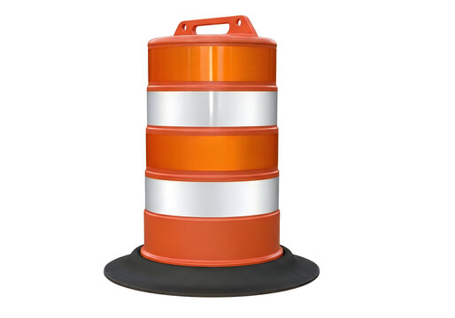 Bright orange traffic barrel with reflective stripes for road safety isolated on white background