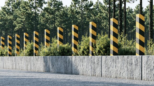 Guard posts with yellow and black stripes line a concrete barrier beside trees