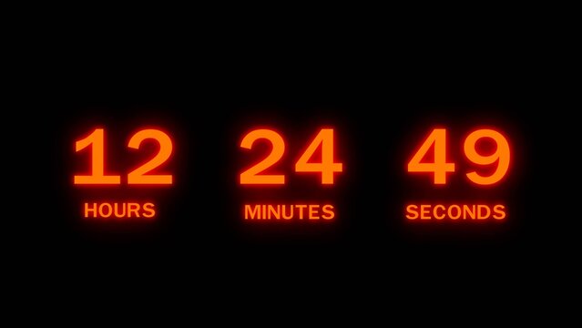 Countdown timer with glowing orange numbers displaying 12 hours, 24 minutes, 49 seconds.