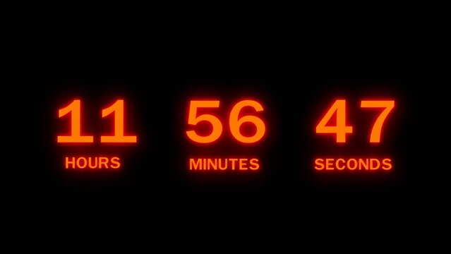 Countdown timer with glowing orange numbers displaying 11 hours, 56 minutes, 47 seconds.