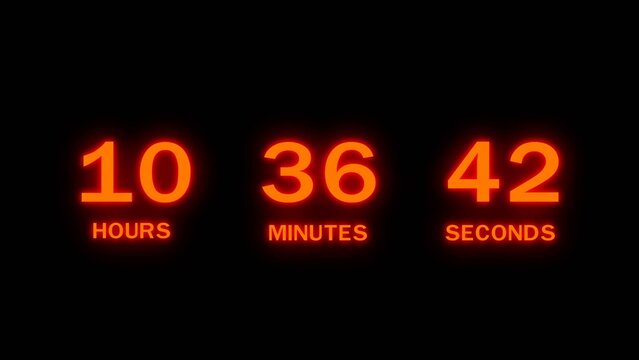 Countdown timer with glowing red numbers showing 10 hours 36 minutes 42 seconds.