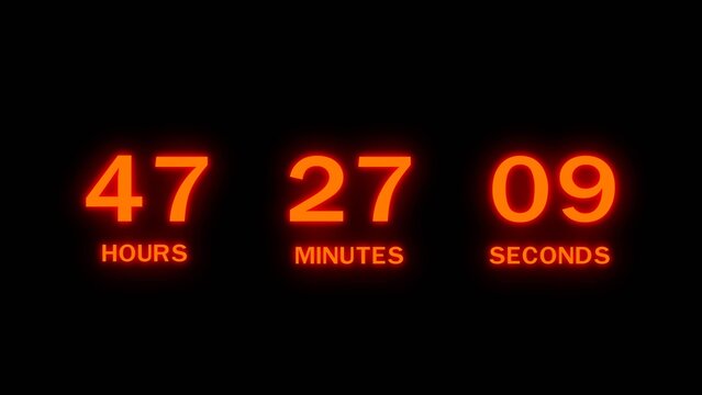 Luminous orange digital clock display showing 47 hours 27 minutes 09 seconds on dark backdrop.