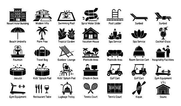  Set of resort, vacation, and hospitality facility icons.