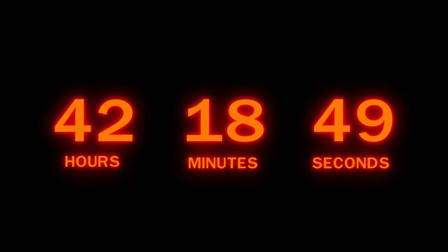 Digital clock counting down hours minutes seconds bright orange glow on black.