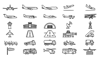 Set of aviation, airport, and aircraft line art icons. © MDSUJON