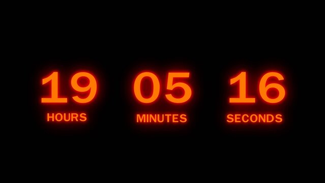 Red glowing digital countdown timer showing 19 hours 05 minutes and 16 seconds on black background.