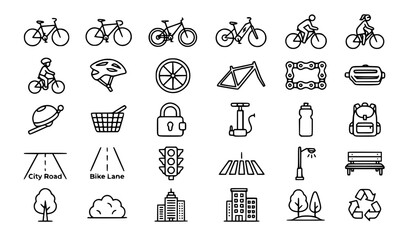 Set of bicycle, cycling, and urban transport line art icons. © MDSUJON