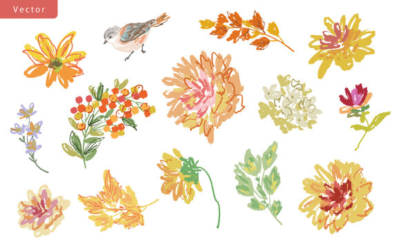 Hand-painted doodle style autumn botanical vector clipart set featuring dahlias, autumn leaves, berries, and birds for stationery, greeting cards, and surface design.